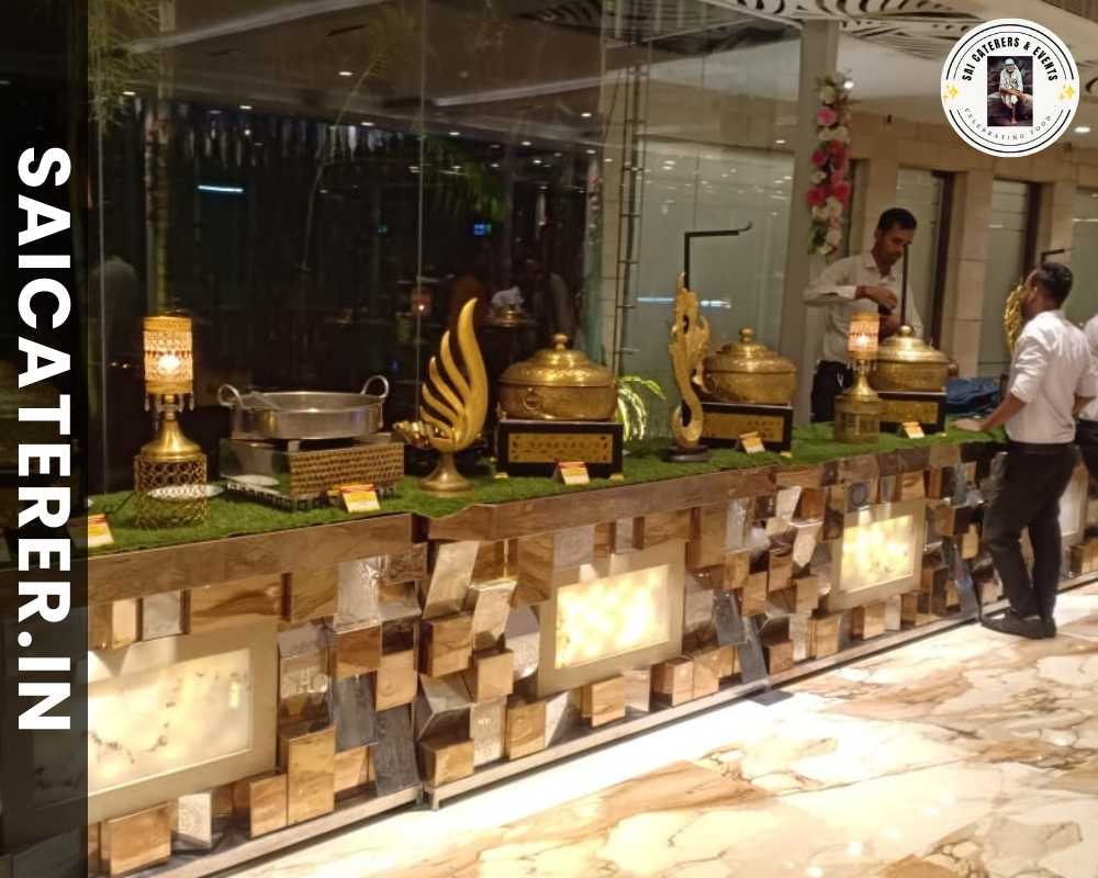 Premium buffet setup with floral lighting decoration and catering counter