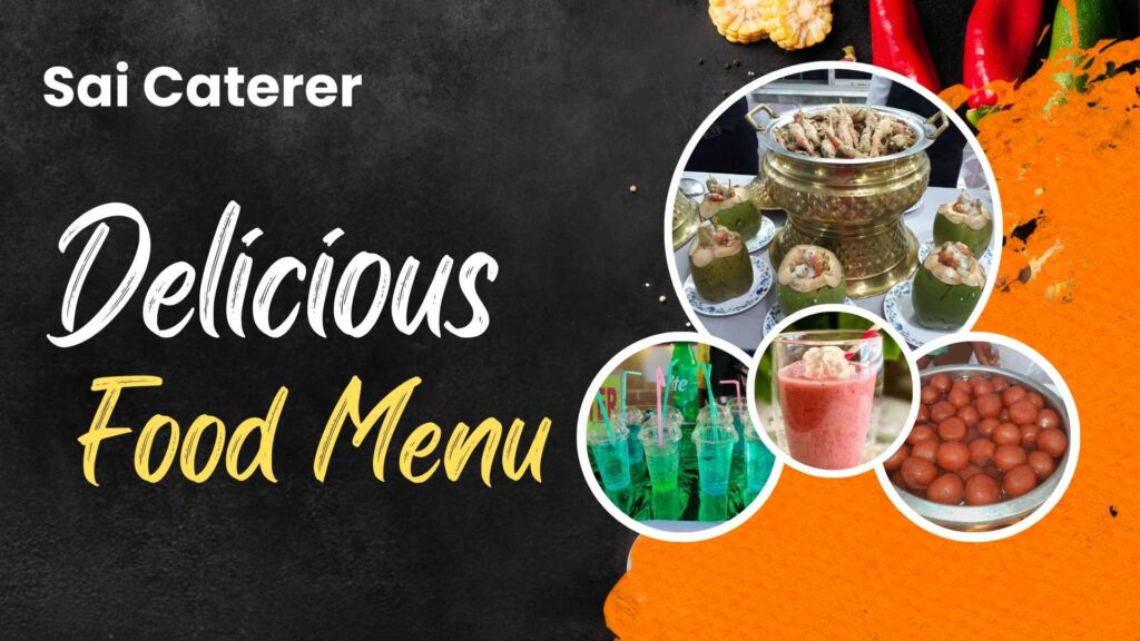 Catering menu page banner showing sweets, drinks, dab chingri and Sai Caterer branding