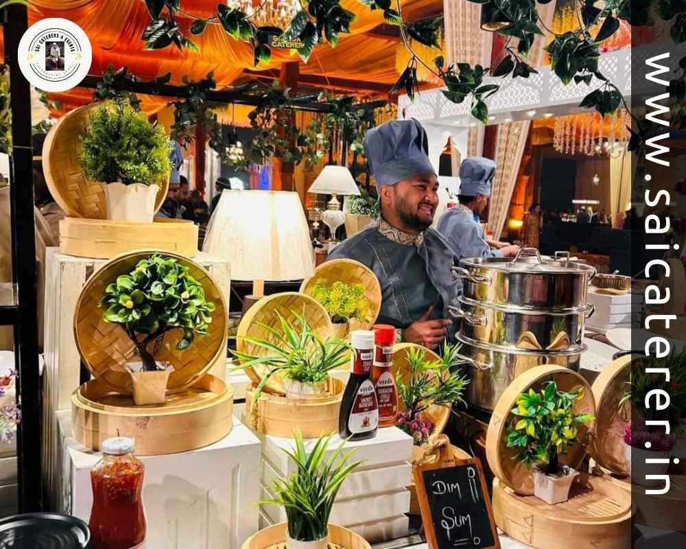 Chef in blue dress and cap serving food at wedding event