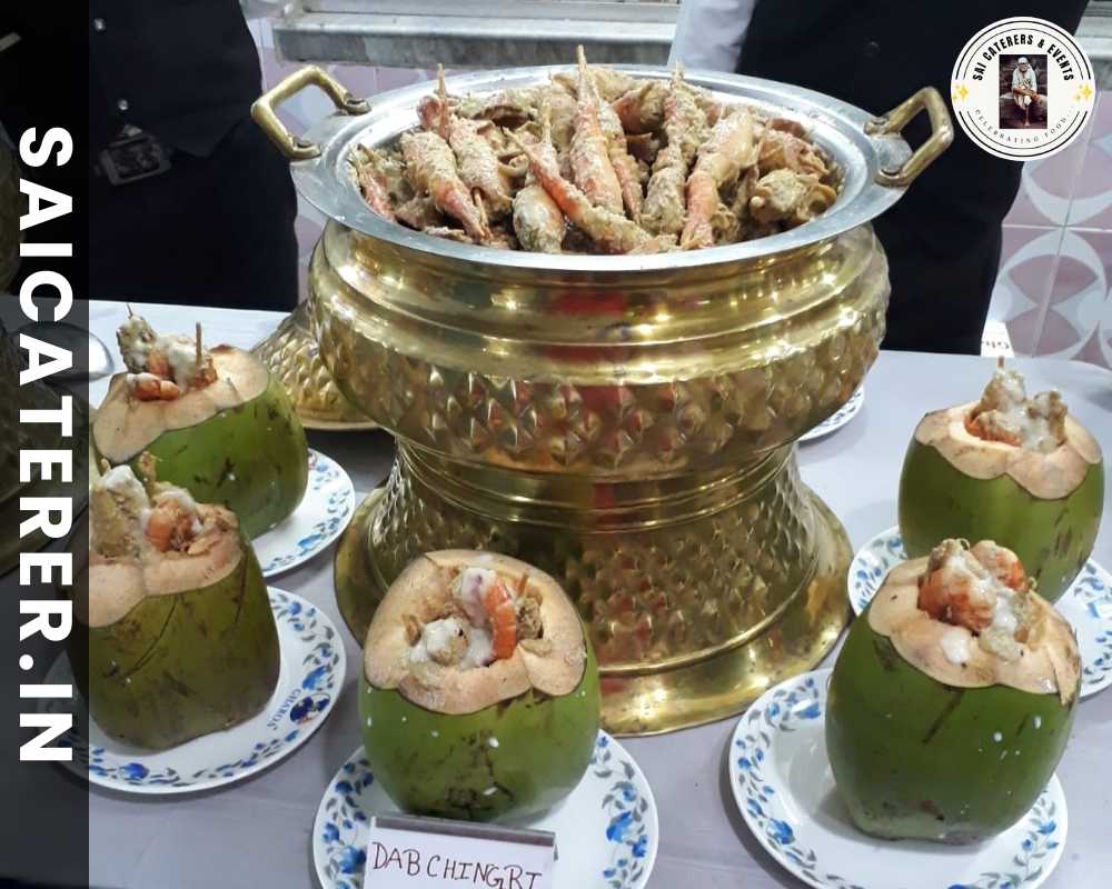Dab Chingri Bengali fish item at decorated buffet counter