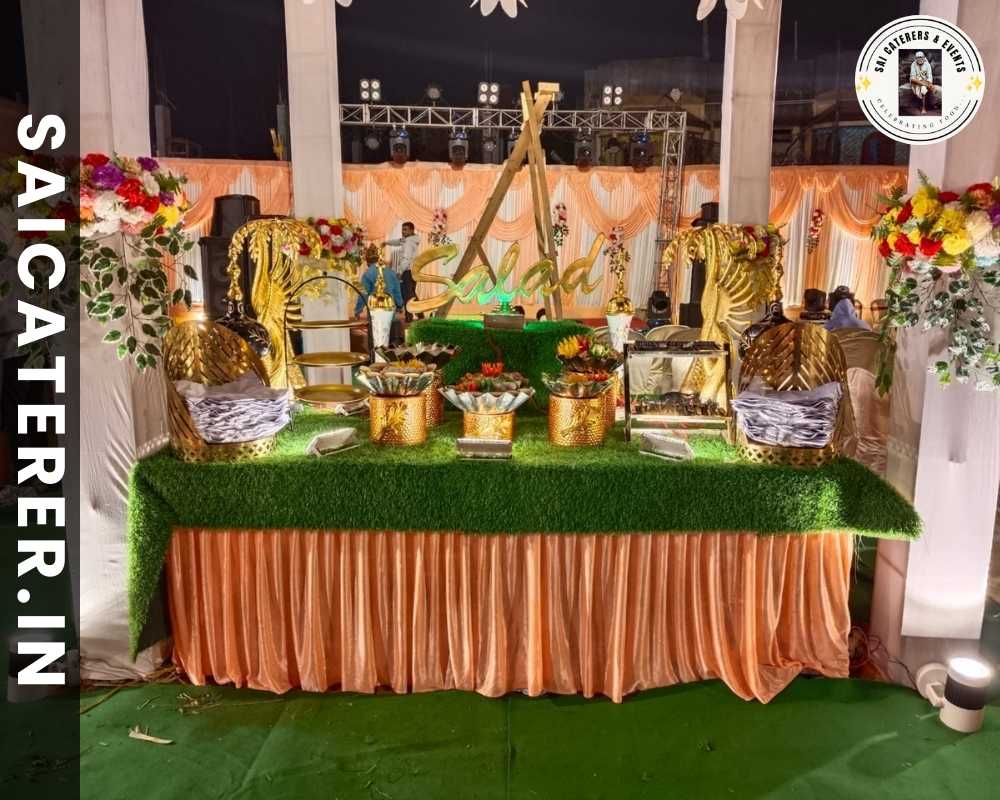 Beautiful salad counter decoration with grass at Salt Lake Kolkata wedding