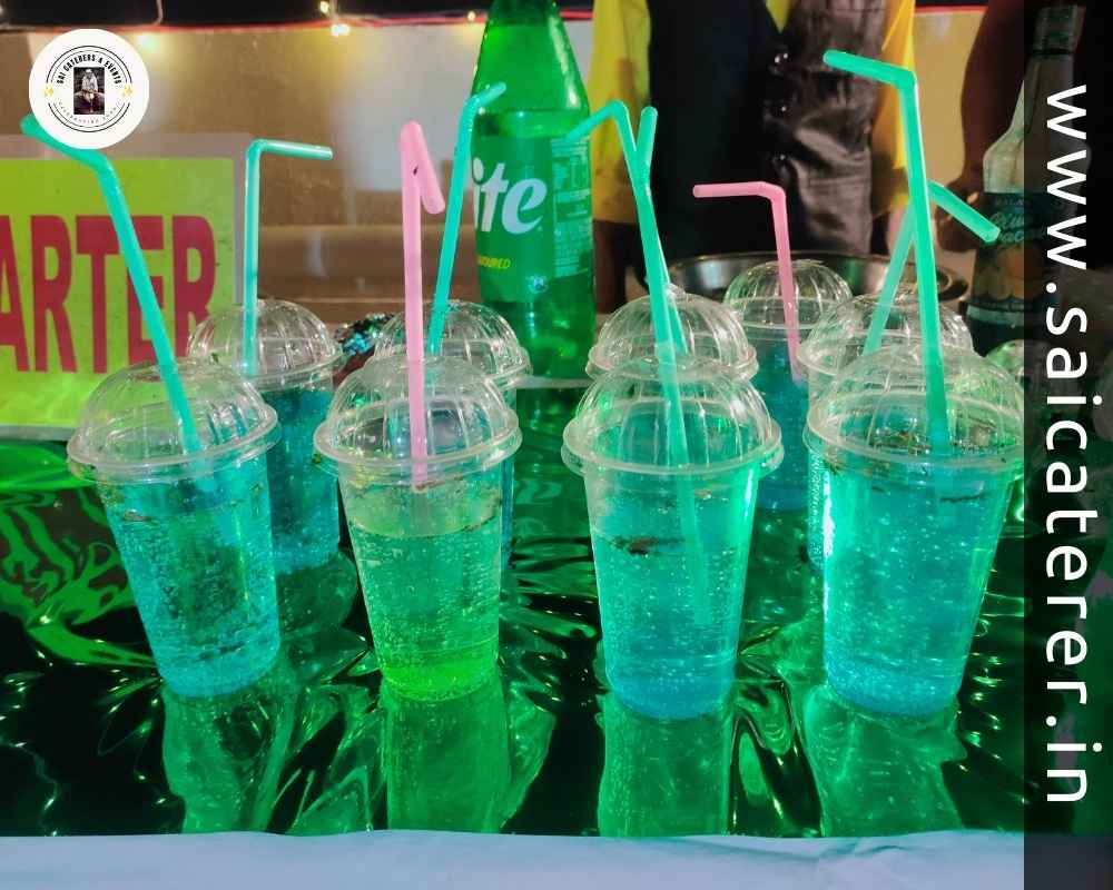 Starter drink prepared on decorated table at wedding event