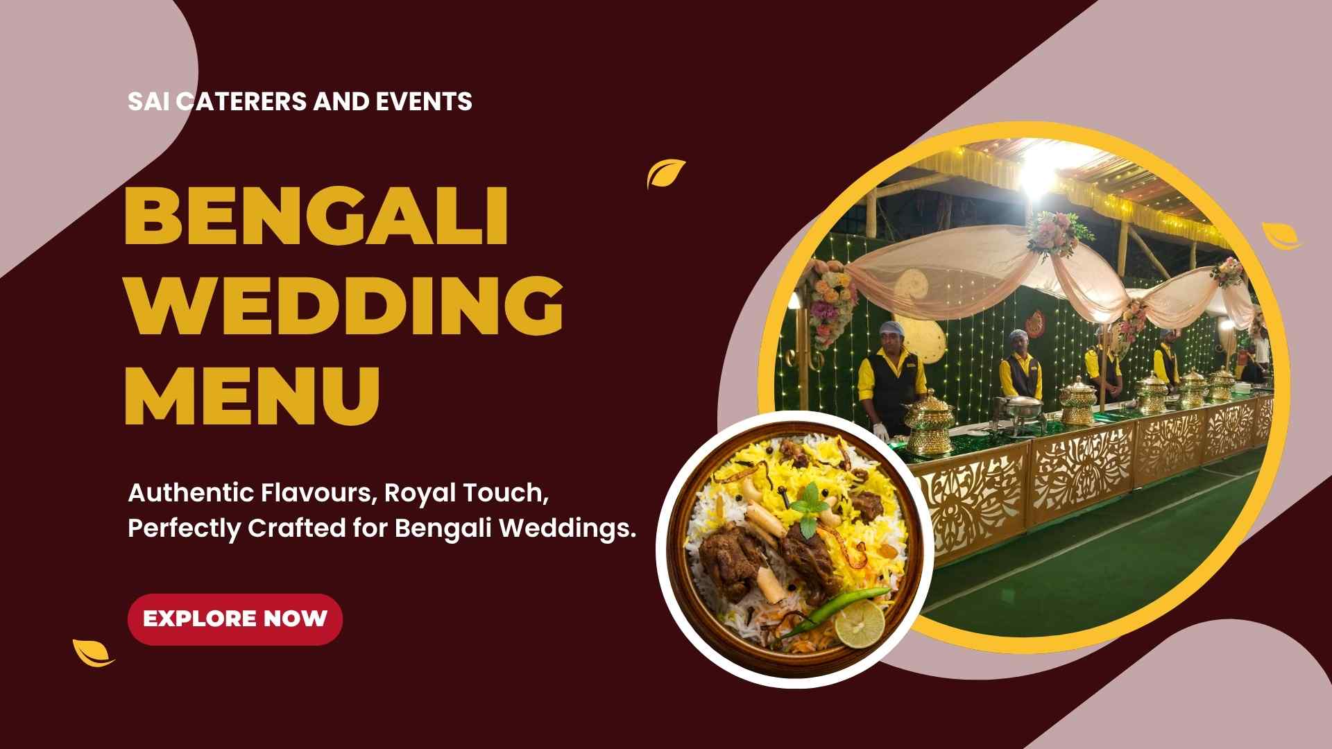 Bengali wedding menu banner showing chicken curry, rice, and buffet serving by staff