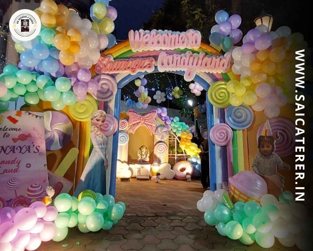 Colorful Candy Land theme birthday party setup with decorations