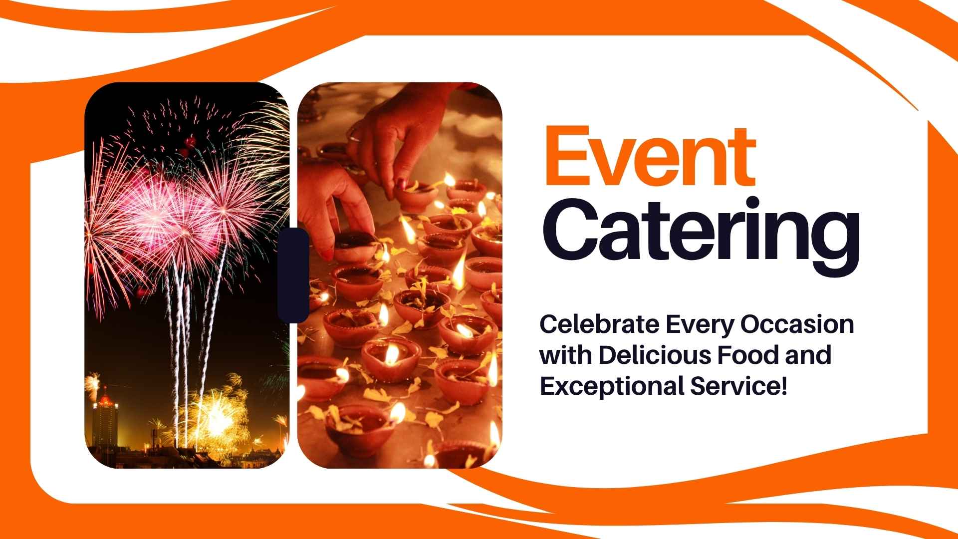 Event catering services banner with firecrackers, diya and food serving setup
