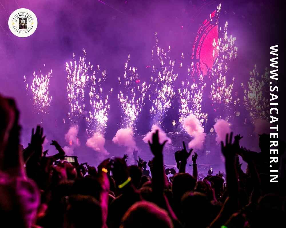 Event catering with firecrackers and dancing crowd in Kolkata