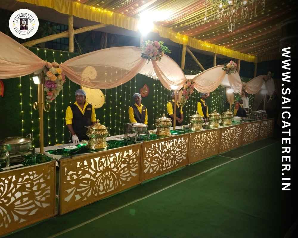 Outdoor catering buffet with lighting at Ganesh Puja in Bhowanipore