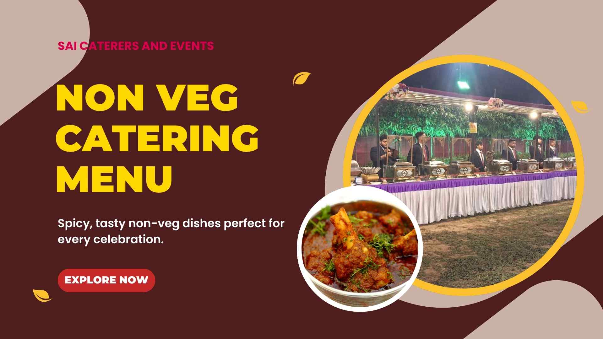 Hero banner showing non veg catering menu with mutton curry and buffet