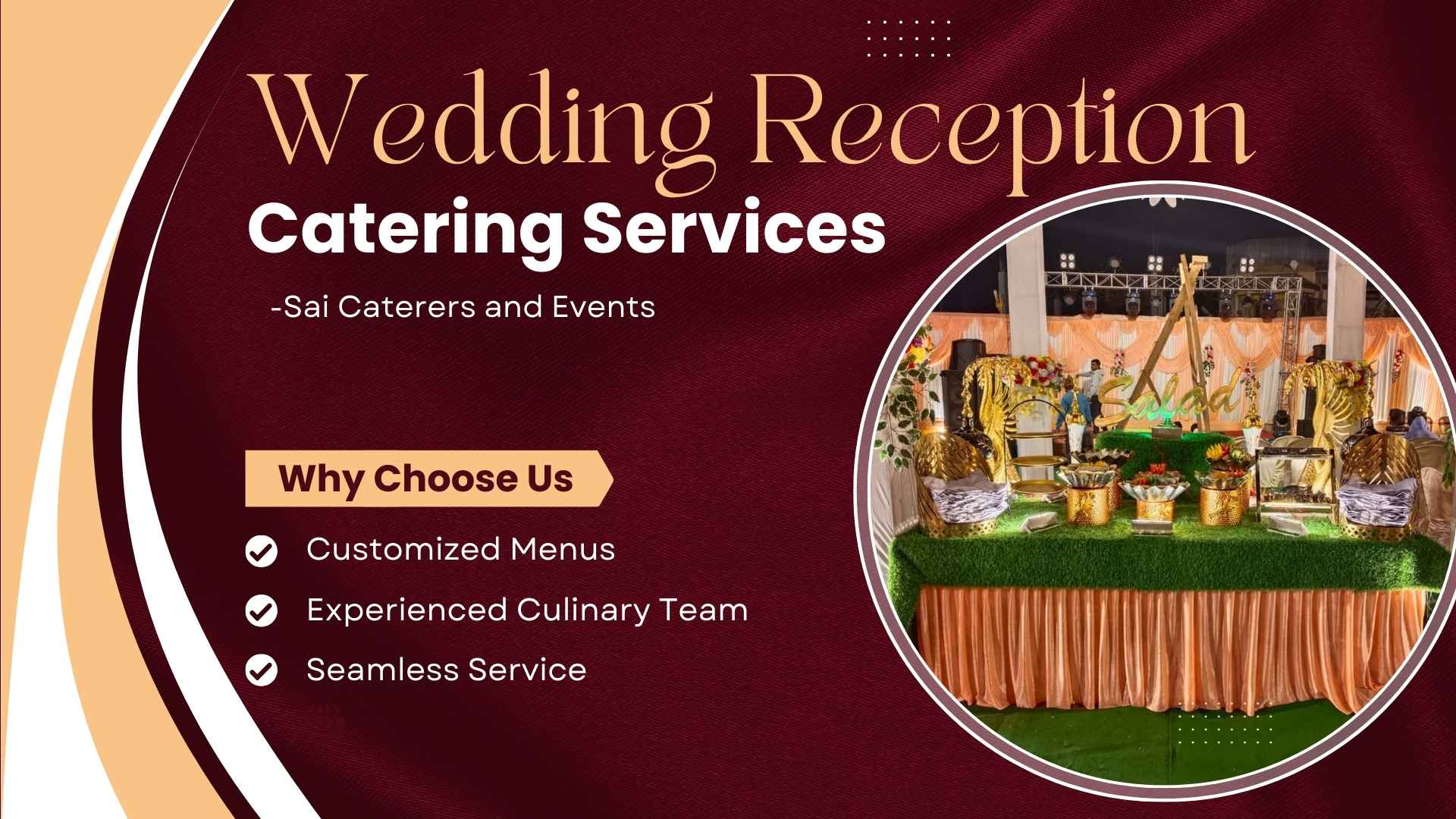 Premium wedding reception salad and plate counter beautifully decorated